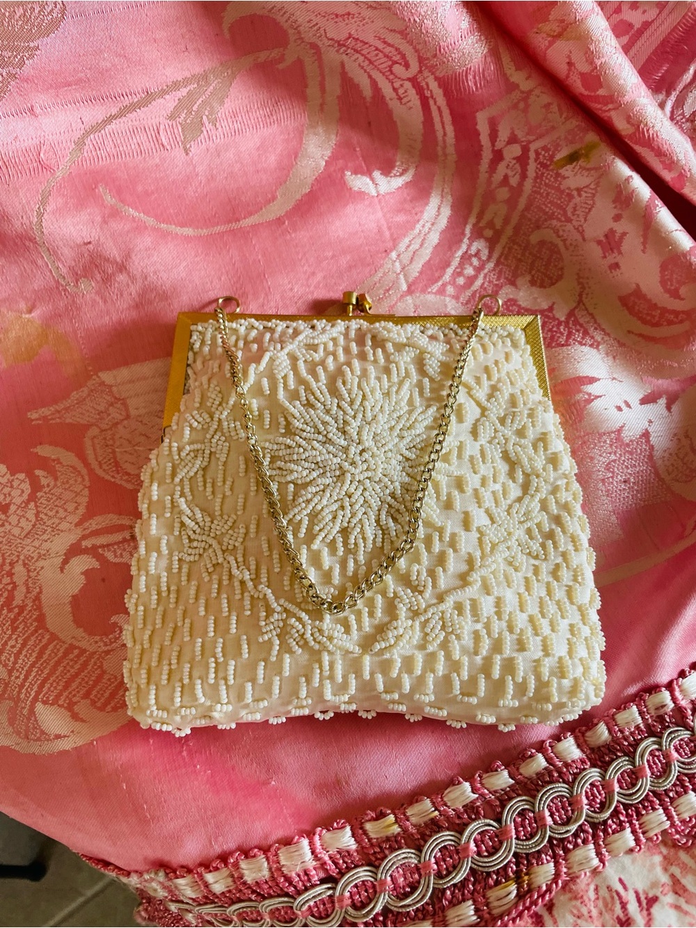 Vintage Small White Beaded Evening Purse with Gold Chain Strap